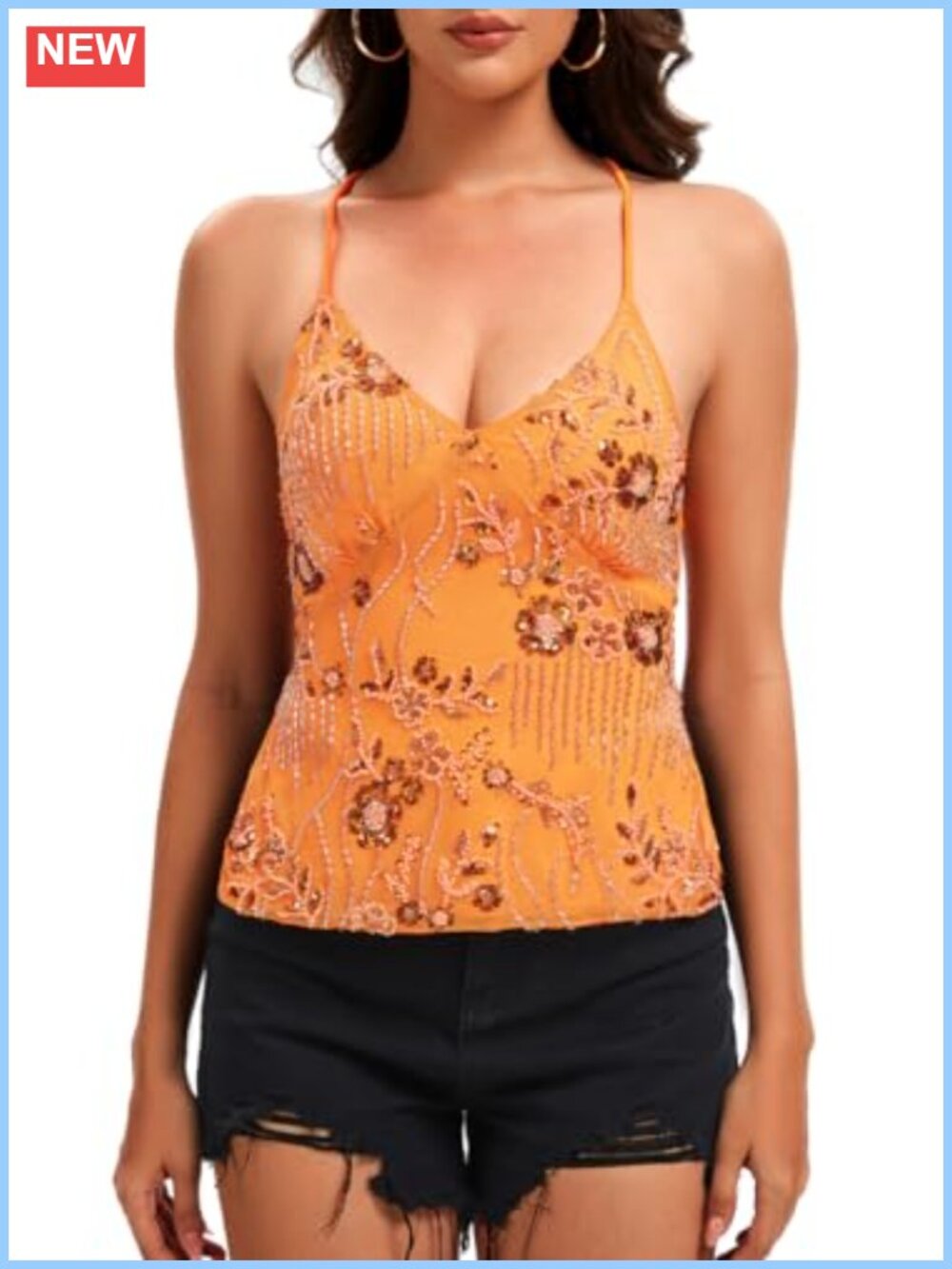 Y2K Sparkle Sequin Cami Top Open Back Criss Cross Straps Summer Crop